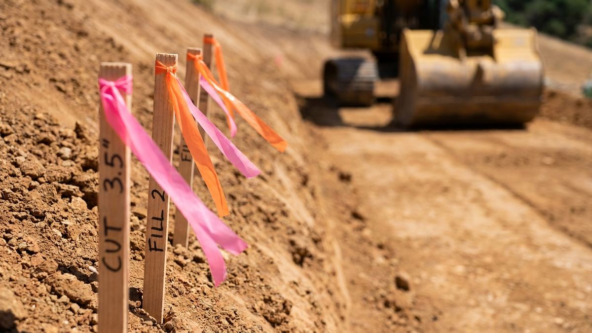 Survey stakes marked with cut and fill depths set into a freshly graded Los Angeles hillside pad