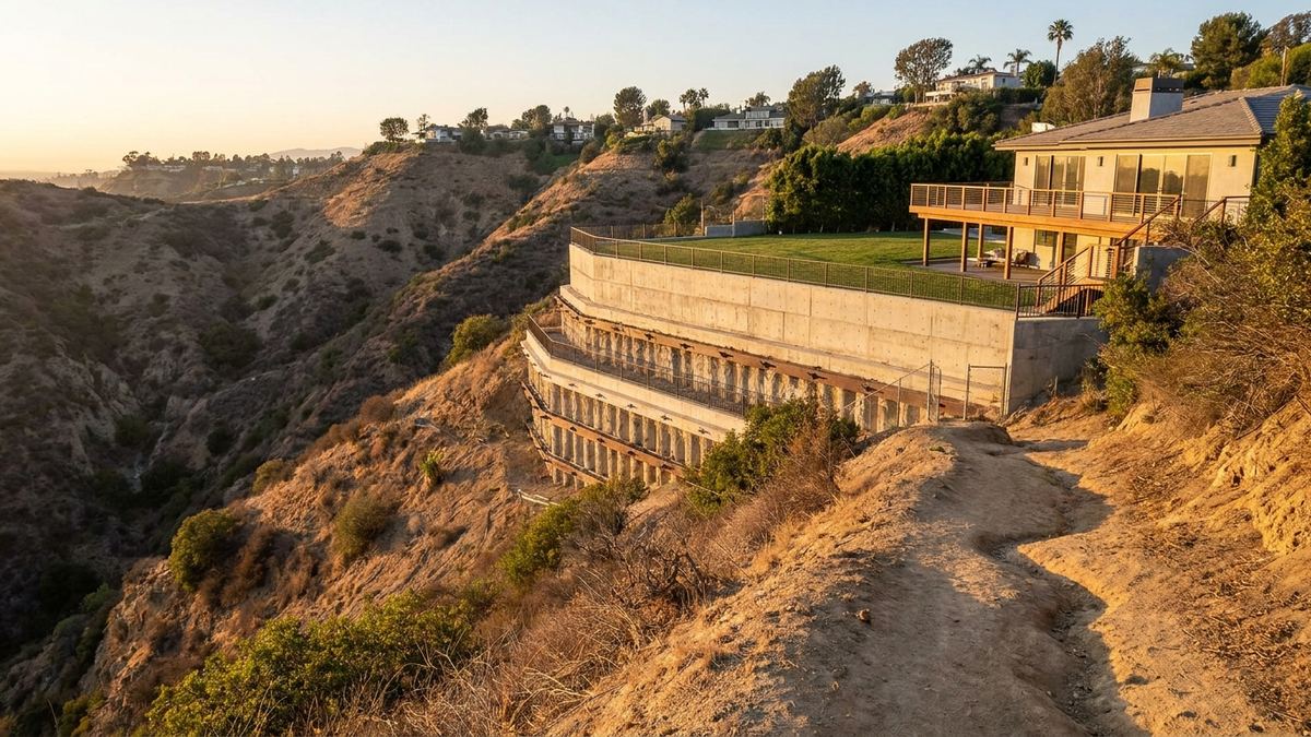 Tall stepped retaining wall holding a level back yard out over a canyon on a downslope Los Angeles hillside lot