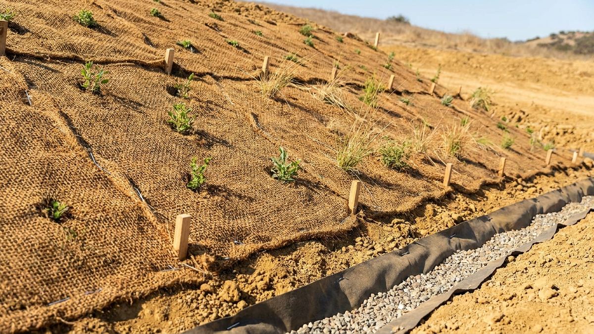 Erosion-control matting pinned across a graded Los Angeles hillside slope with young native planting establishing through it