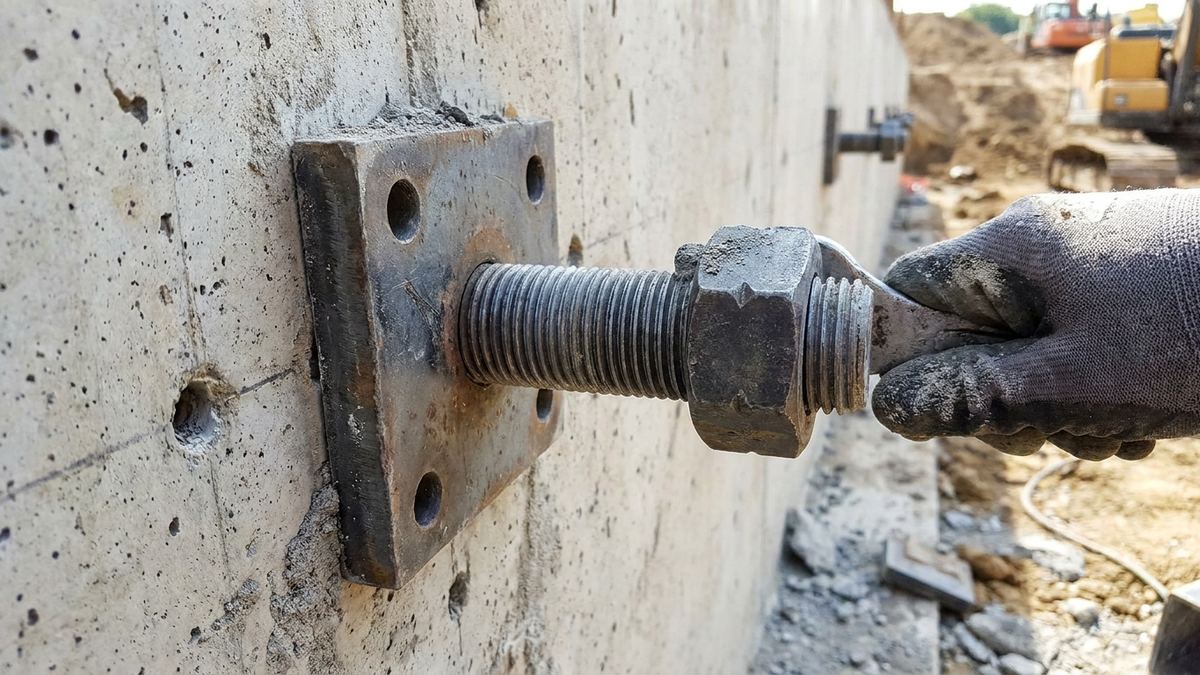Steel bearing plate and anchor head being tensioned on the face of a tieback retaining wall in Los Angeles