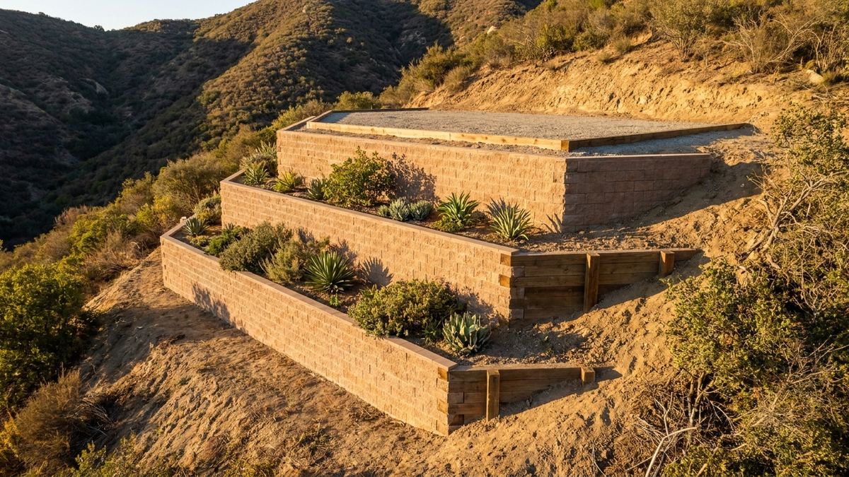 Completed multi-tier hillside retaining wall system with three engineered terraces stepping down a steep Los Angeles canyon lot