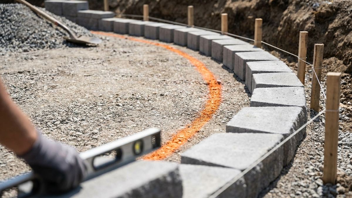 Curved retaining wall being set out with marking paint, stakes and string on a compacted gravel base in Los Angeles