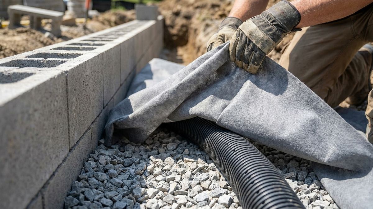 Drain rock and perforated pipe being wrapped in geotextile filter fabric behind a new retaining wall in Los Angeles