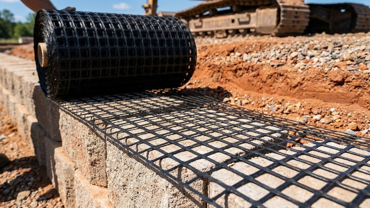 Roll of polymer geogrid being unrolled over a course of concrete retaining wall blocks before backfilling in Los Angeles