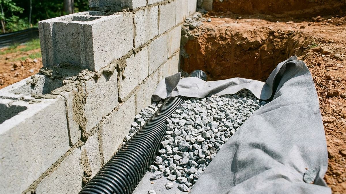 Gravel backfill and perforated drain pipe going in behind a new block retaining wall during installation