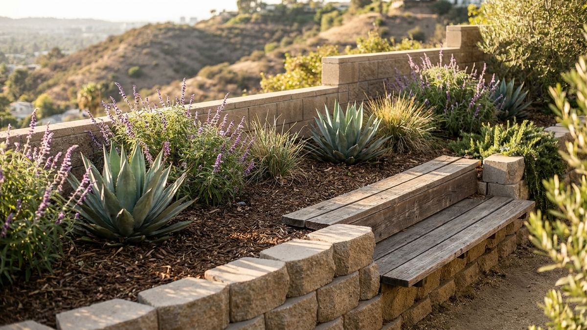 Planted bench between two tiers of a terraced block retaining wall system on a Los Angeles hillside