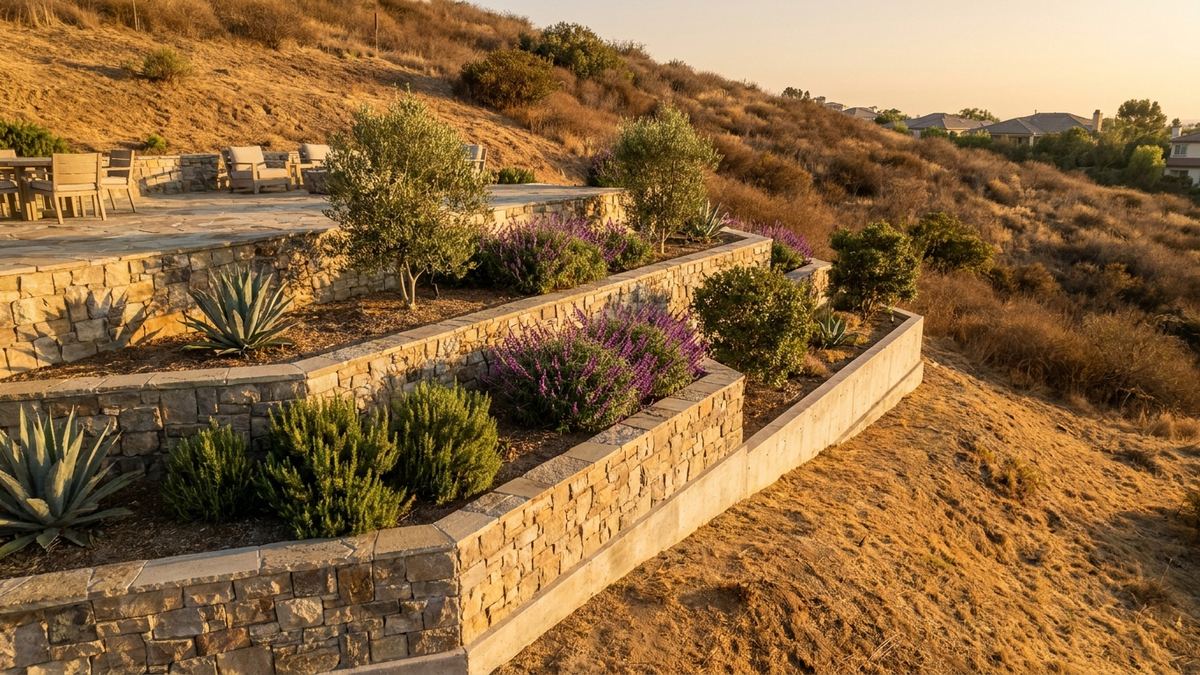 Tiered stone retaining wall holding a planted Los Angeles hillside, shot along the run of the wall
