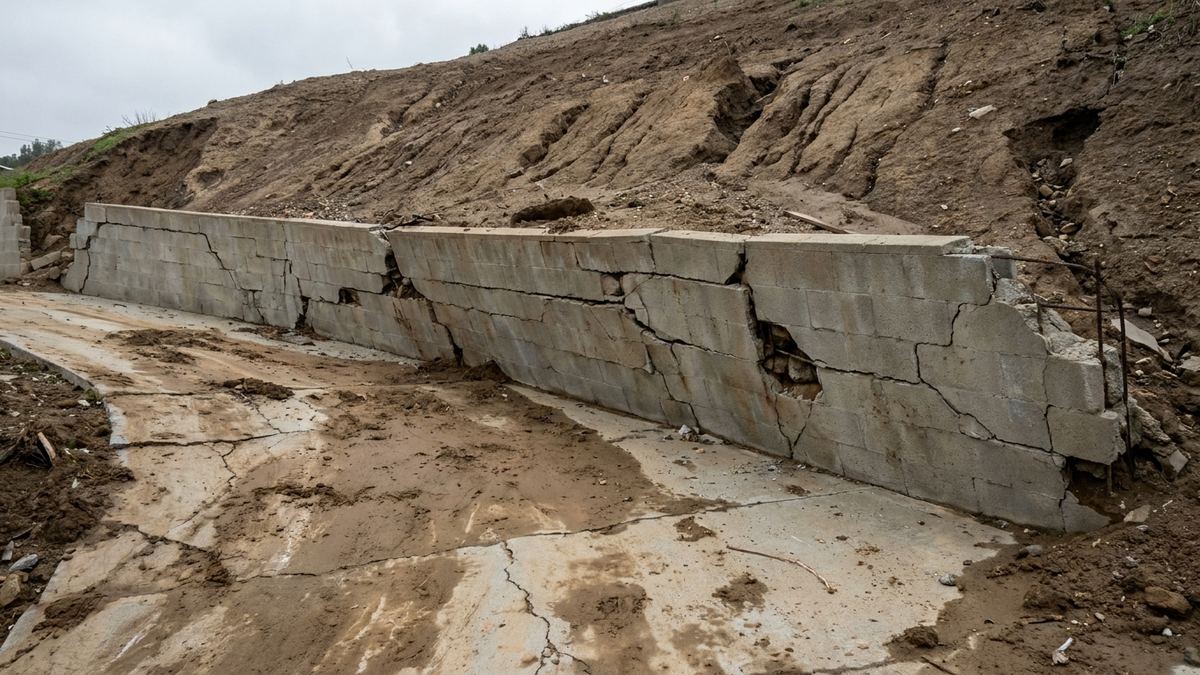 Eroded hillside slope with soil washed onto a driveway, showing where a retaining wall is needed
