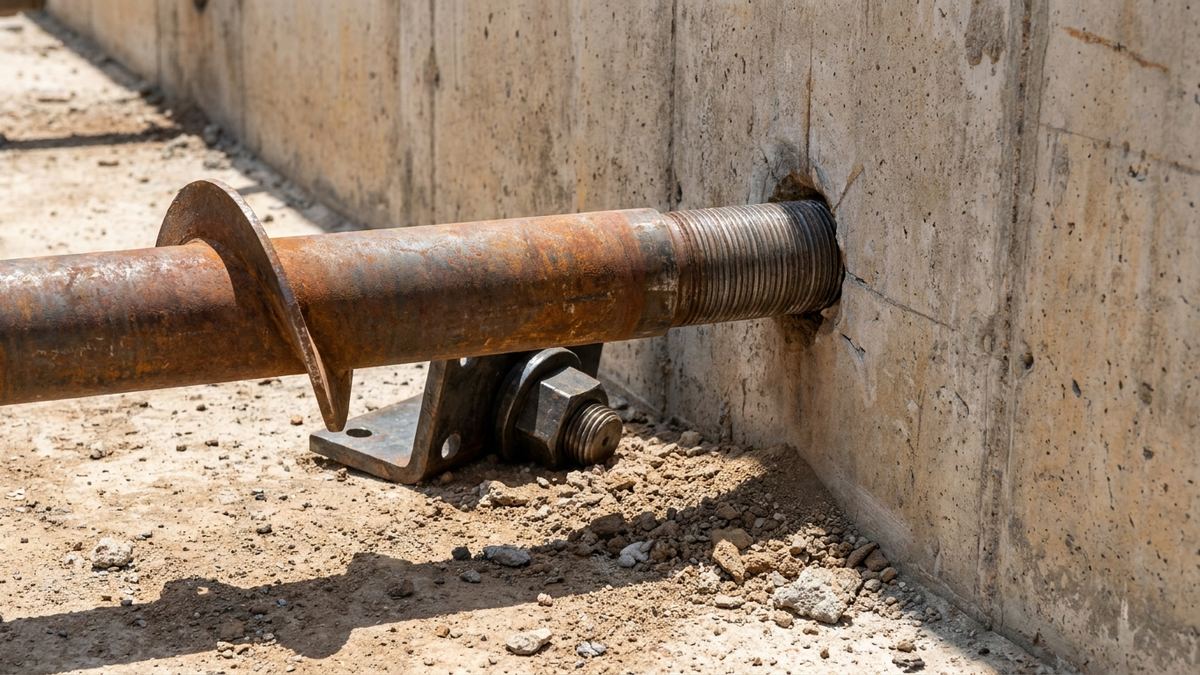 Helical tieback anchor being drilled through the face of a concrete retaining wall with the bearing plate and nut assembly ready beside it