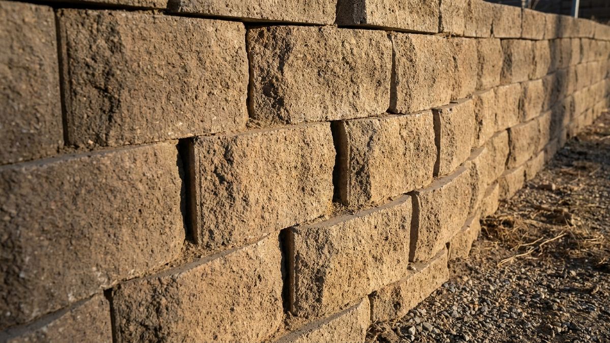 Segmental block retaining wall sighted along its face, the courses bowing outward mid-run with joints opened wider at the belly