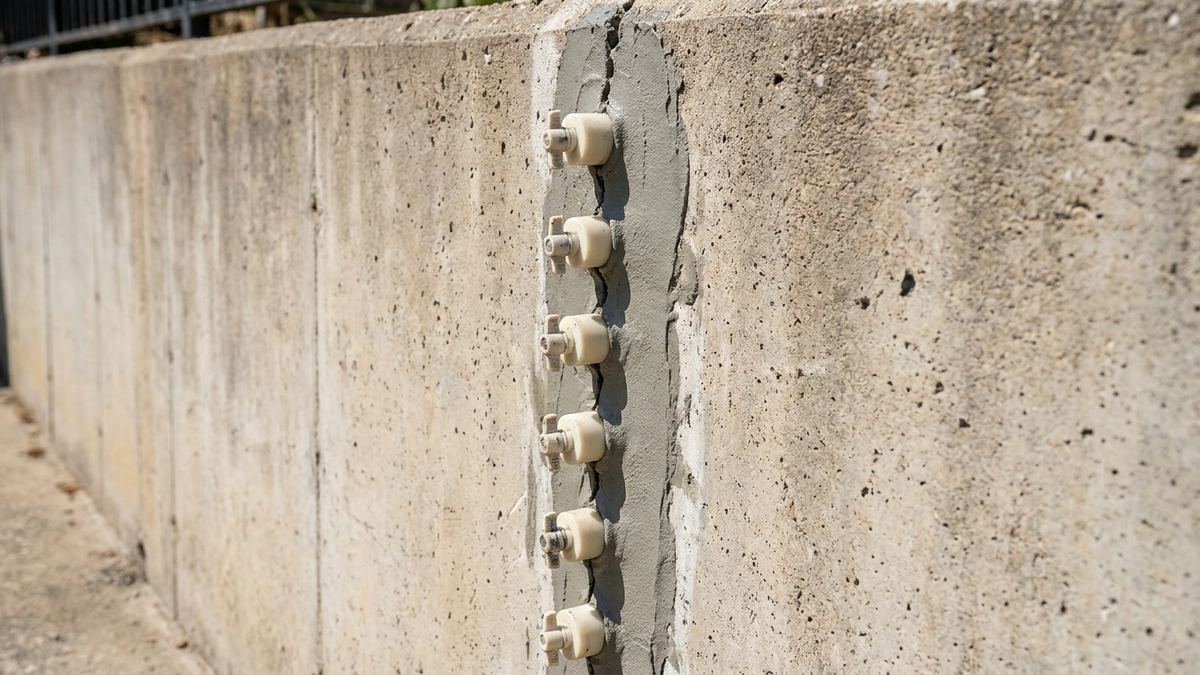Injection ports fixed along a crack in a concrete retaining wall with epoxy paste sealing between them, ready for pressure injection