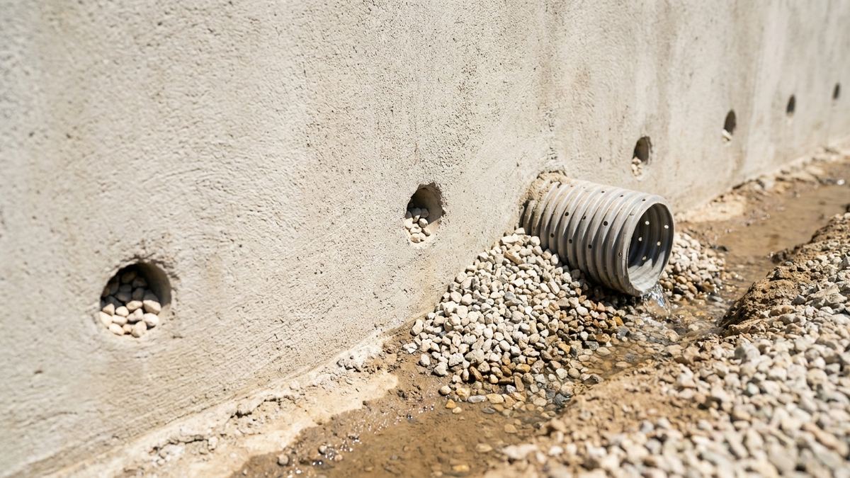New weep holes and a French drain outlet at the base of a Los Angeles retaining wall with clean gravel visible and perforated pipe discharging into a channel