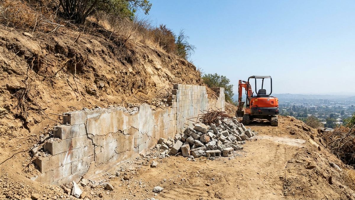 Old failed retaining wall being demolished on a Los Angeles hillside property with broken block stacked for removal and the cut slope exposed behind