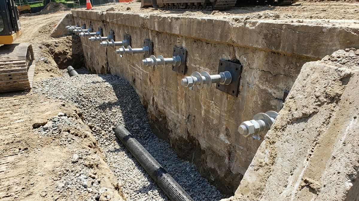 Steel tieback anchors installed through the face of a concrete retaining wall with a new gravel drainage trench and pipe along the base