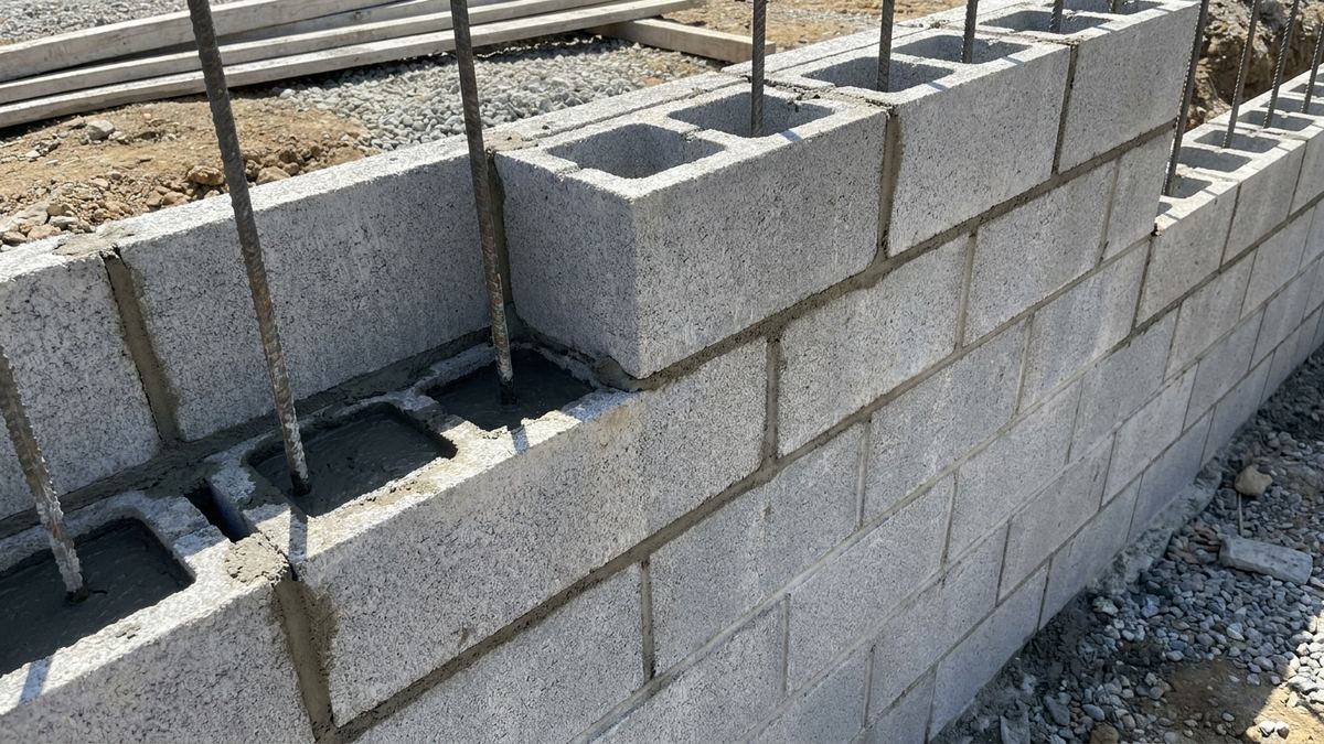 CMU block retaining wall part-built with vertical rebar standing through the open cells and some cells already grouted solid