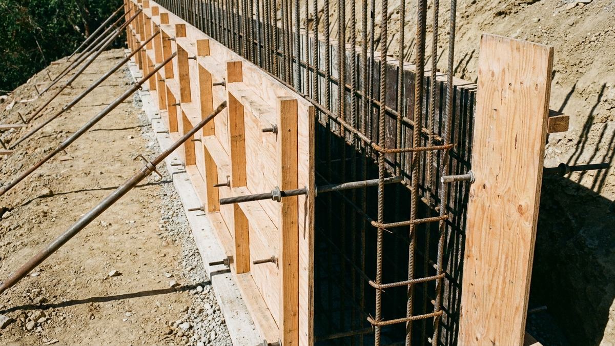 Braced formwork panels open on one side showing the dense cage of vertical and horizontal reinforcing steel inside a concrete retaining wall before the pour