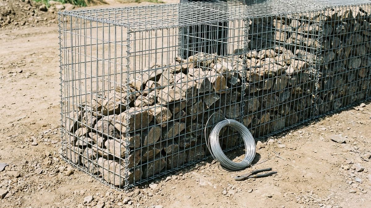 Galvanised welded wire gabion basket being hand-filled with angular rock, face stones placed tightly by hand