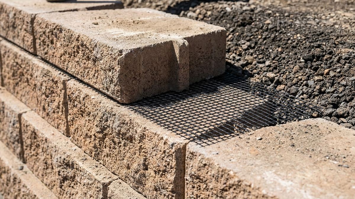 Geogrid reinforcement fabric laid between the courses of a segmental block retaining wall and running back into compacted gravel backfill