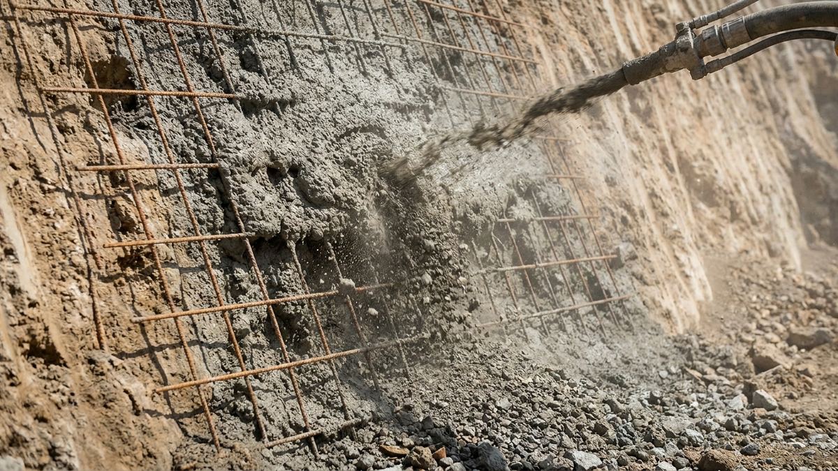Shotcrete being sprayed over steel reinforcing mesh pinned to a cut slope face, fresh concrete building up over the mesh