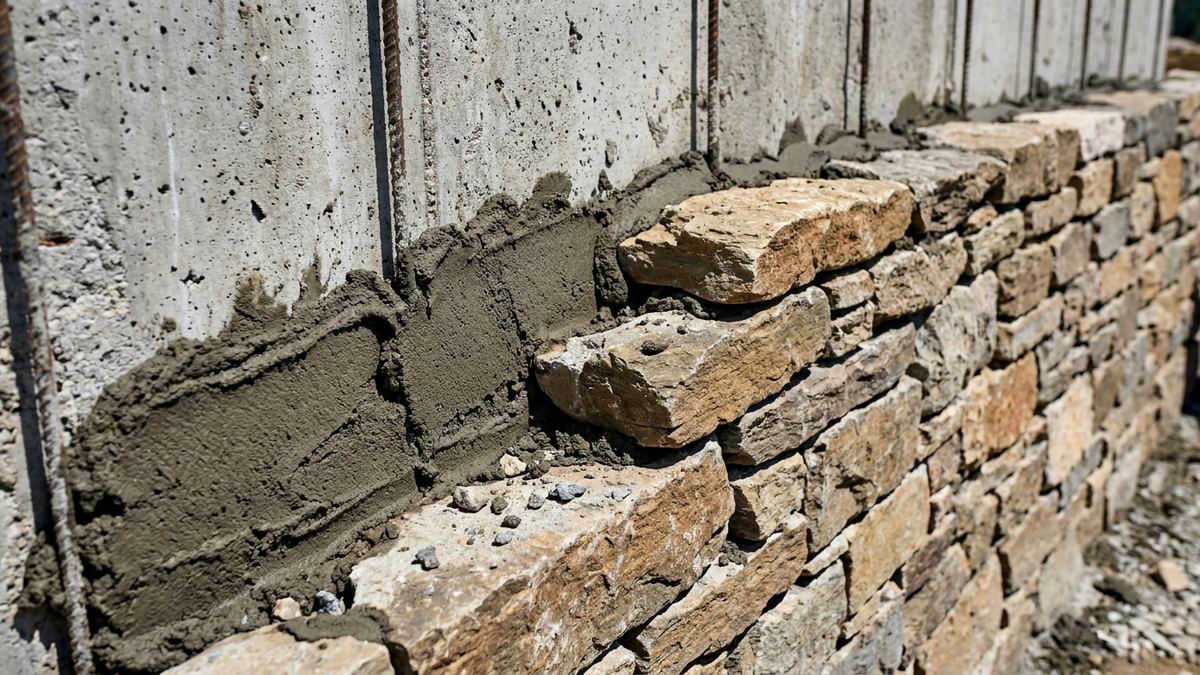 Natural stone veneer being laid over the face of a reinforced concrete retaining wall core, showing the concrete backing and mortar setting bed
