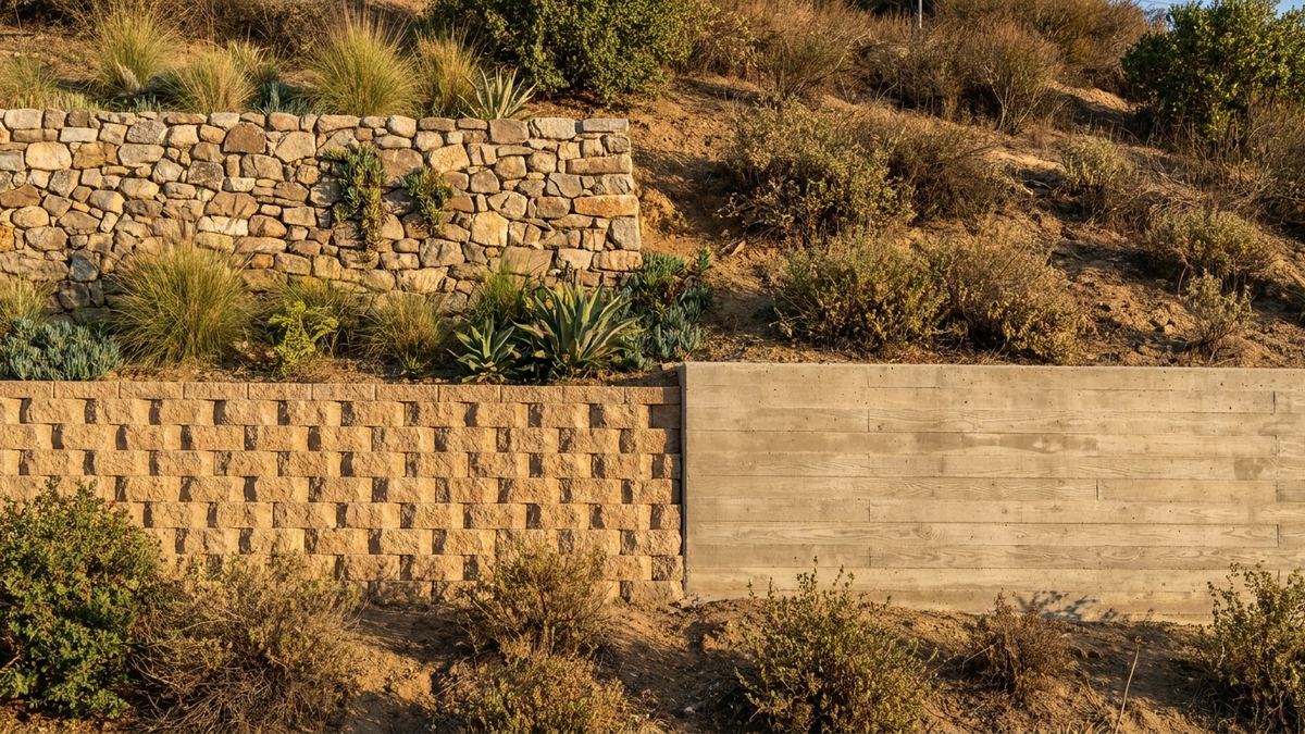 Dry-stacked stone, segmental block and board-formed concrete retaining walls holding three terraces of the same Los Angeles hillside