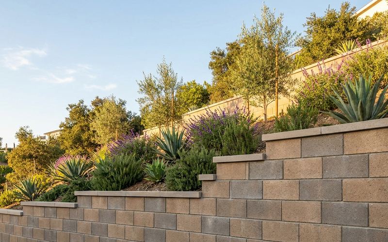 Segmental block retaining wall stepped back in tiers, terracing a planted Los Angeles hillside