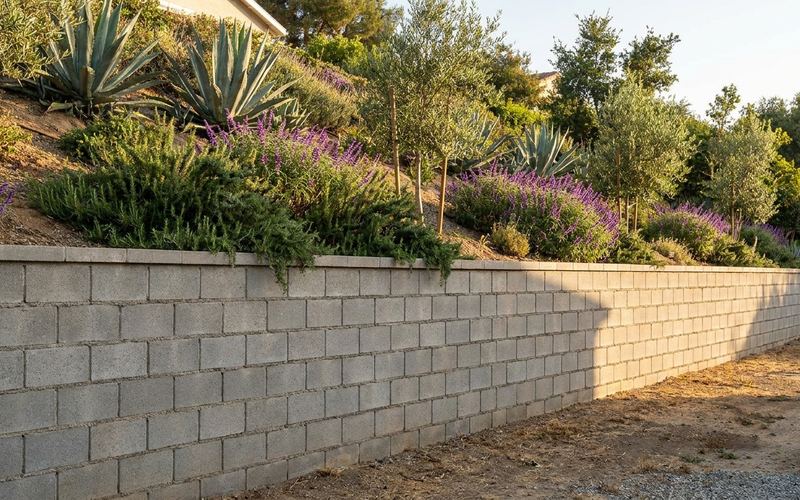 Mortared CMU block retaining wall laid in running bond with a capped top course, holding a planted slope on a Los Angeles property