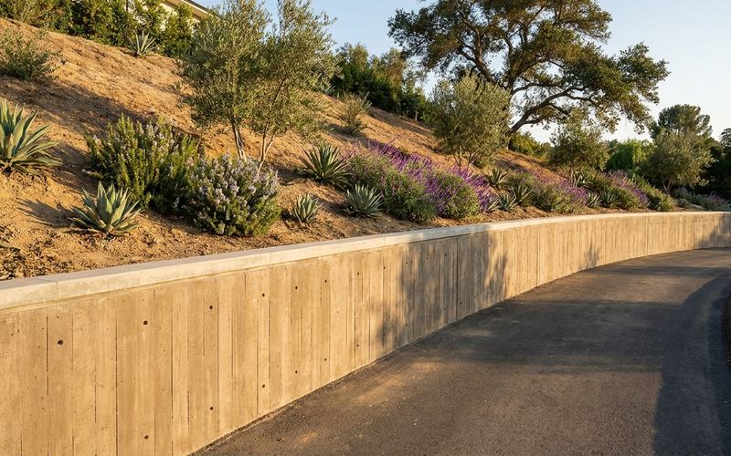 Poured concrete retaining wall with a board-formed face curving along a driveway on a Los Angeles hillside property