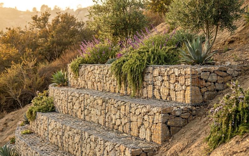 Tiered gabion retaining wall of rock-filled wire baskets with planting spilling over the top course on a Los Angeles hillside