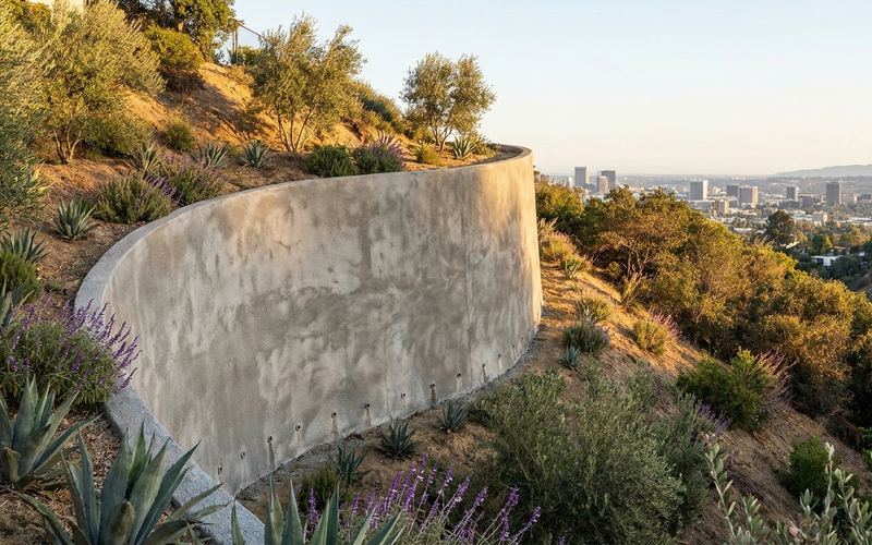 Curved shotcrete retaining wall with weep drains along the base, following a steep Los Angeles canyon hillside above the city