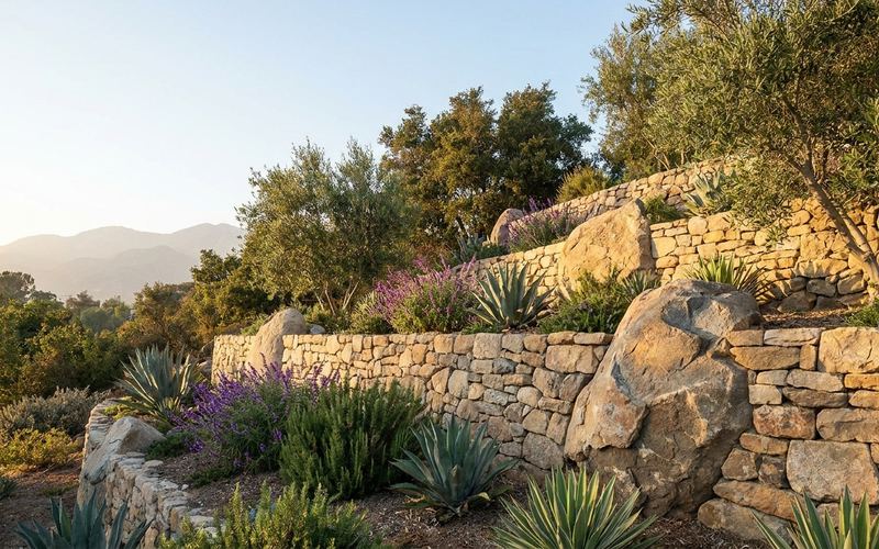 Dry-stacked stone retaining wall with placed boulders terracing a Los Angeles canyon lot below the San Gabriel Mountains