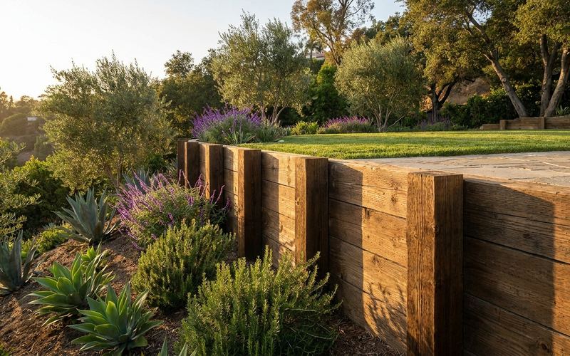 Pressure-treated wood retaining wall on posts holding a planted slope below a level lawn in a Los Angeles back yard